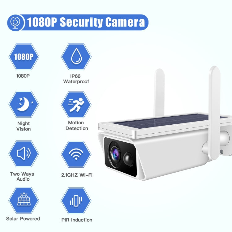 T13-2 1080P HD Solar Powered 2.4GHz WiFi Security Camera with Battery, Support Motion Detection, Night Vision, Two Way Audio, TF Card