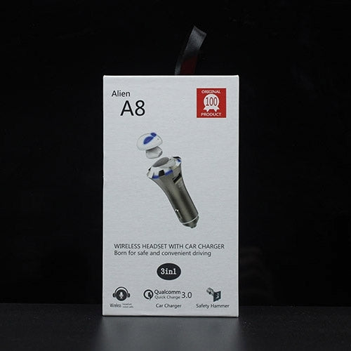 A8 3 in 1 Bluetooth Earphone & Safety Hammer & Car Charger, Support Hands-free Call & USB Quick Charger Function