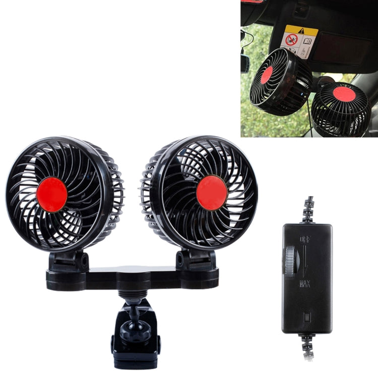 HUXIN HX-T606E 12W 360 Degree Adjustable Rotation Clip Two Head Low Noise Mini Electric Car Fan with Roller Switch, DC24V
