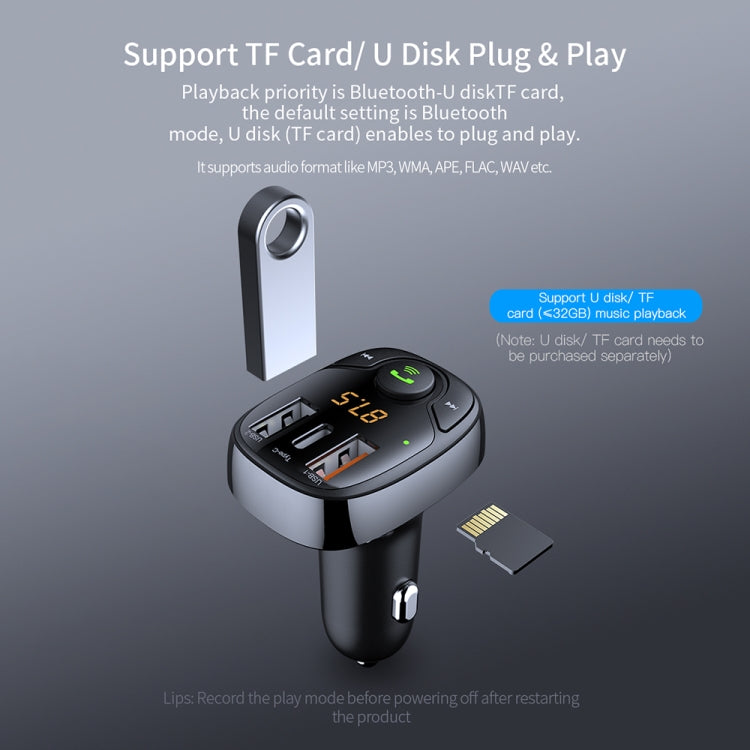 ROCK B301 Dual USB + PD Bluetooth 5.0 FM Transmitter & Car Charger, Support TF Card / U-disk