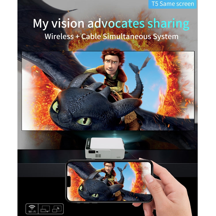 T5 100ANSI Lumens 1024x600 Resolution LED+LCD Technology Smart Projector, Support HDMI / SD Card / 2 x USB / Audio 3.5mm, Same Screen Version