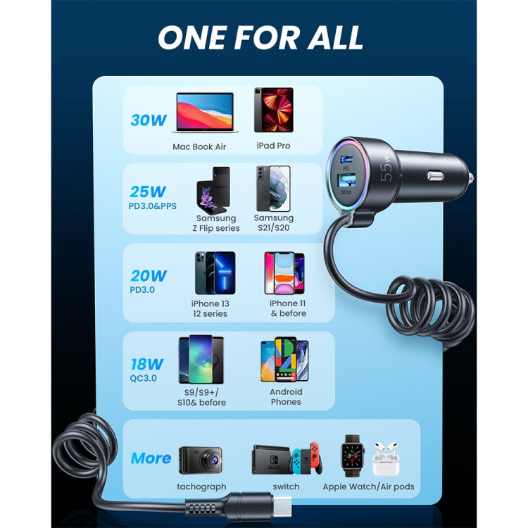 JOYROOM JR-CL07 3 in 1 72W PD USB-C / Type-C + USB Interface Car Charger with USB-C / Type-C Spring Data Cable