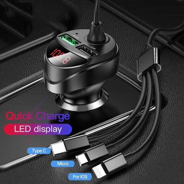 C68 LED Digital Display QC3.0 Fast Car Charger 3 in 1 with Spring Cable
