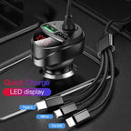 C68 LED Digital Display QC3.0 Fast Car Charger 3 in 1 with Spring Cable