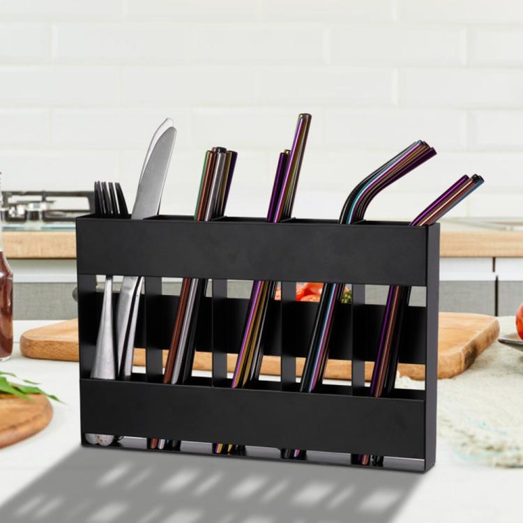 Five-grid Straw Cutlery Metal Storage Rack Kitchen Organizer