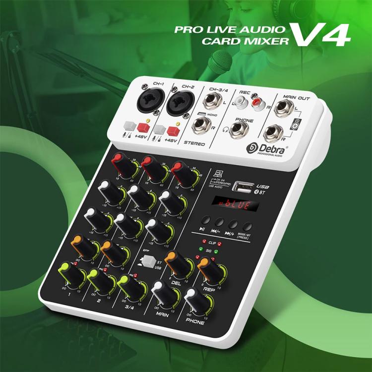 DEBRA V4 4-Channels Audio Mixer with Reverb Sound Card for Live Streaming