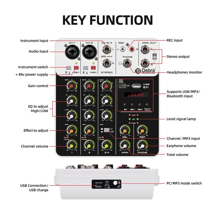 DEBRA V4 4-Channels Audio Mixer with Reverb Sound Card for Live Streaming