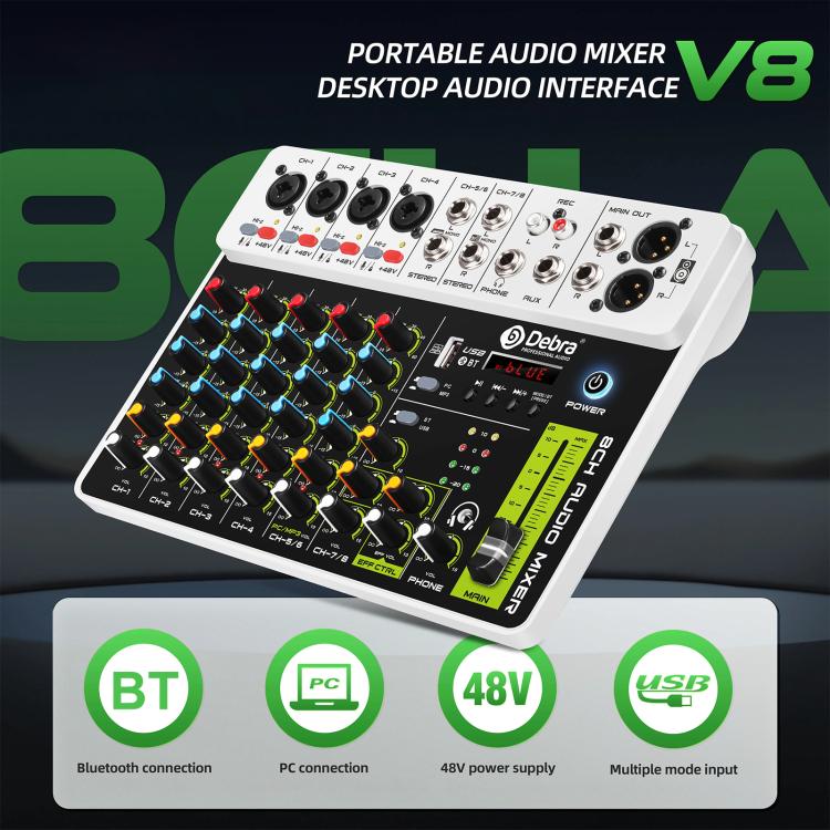 DEBRA V8 8-Channels Audio Mixer Live Recording Reverb