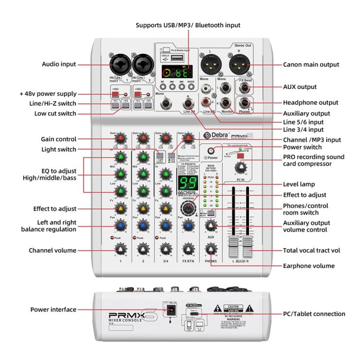 DEBRA PRMX-6 4-Channels Audio Mixer DSP Reverb for Live Recording