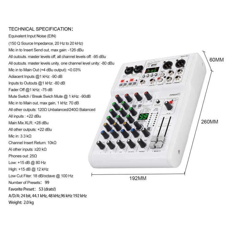 DEBRA PRMX-6 4-Channels Audio Mixer DSP Reverb for Live Recording