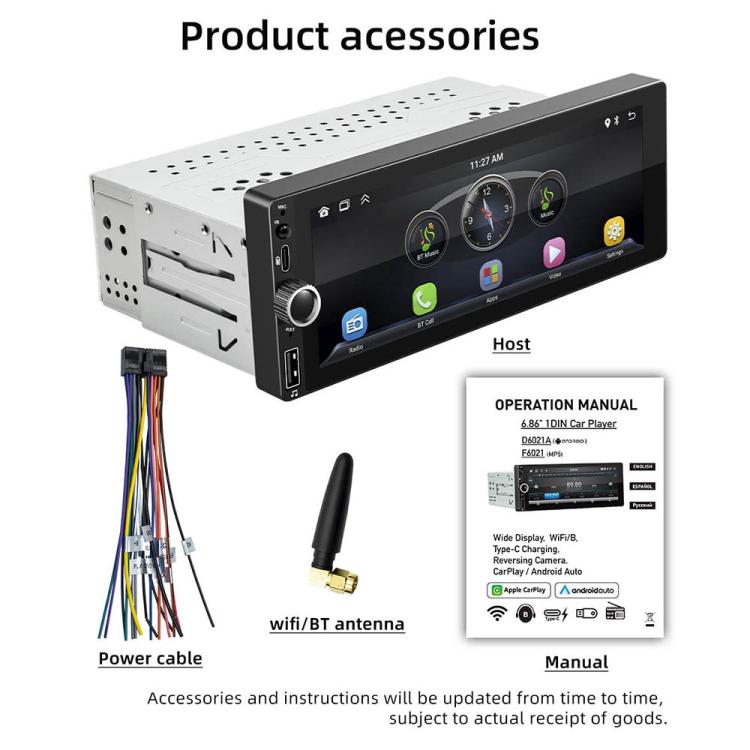 F6021 6.86 inch IPS Screen Car 1Din MP5 Player Support CarPlay & Android Auto