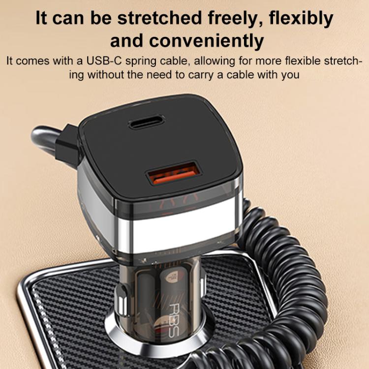 RBS CC21 90W USB-A and USB-C / Type-C Ports Car Charger with 1.2m Retractable Type-C Cable