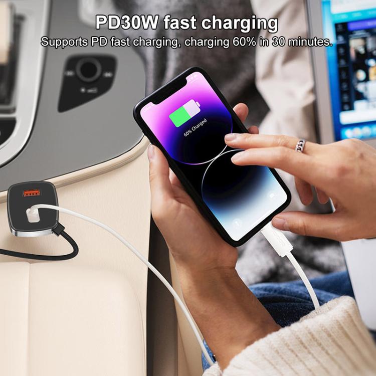 RBS CC21 90W USB-A and USB-C / Type-C Ports Car Charger with 1.2m Retractable Type-C Cable