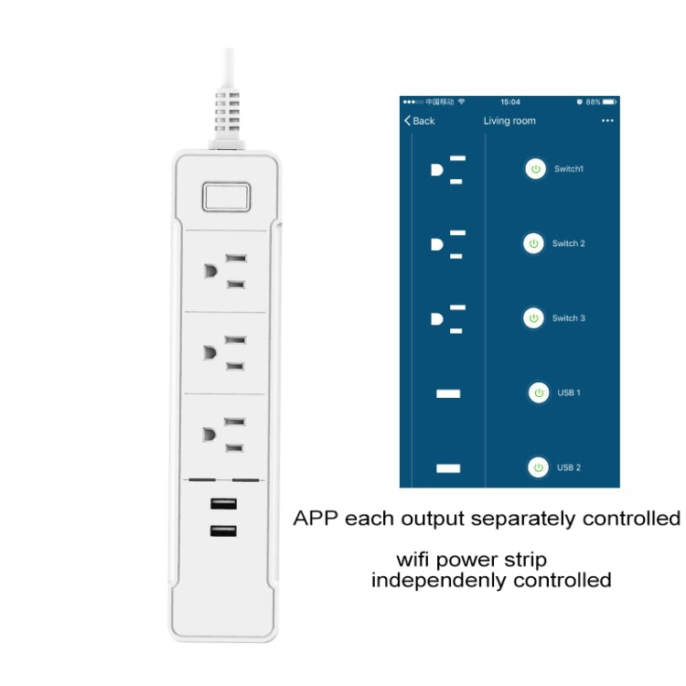 C198B 2 USB Ports + 3 US Sockets WiFi Smart Power Plug Socket, Compatible with Alexa and Google Home, AC 110V-240V, US Plug