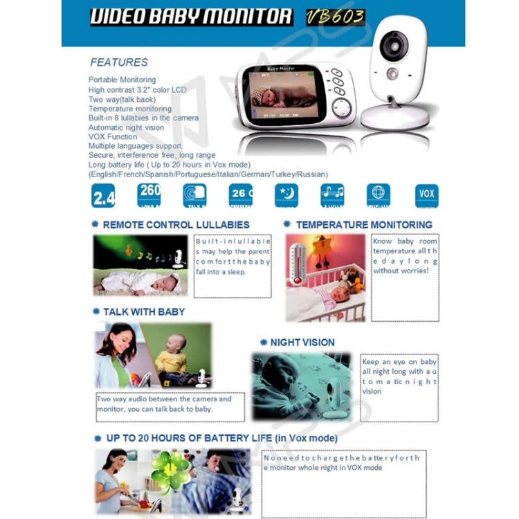 VB603 3.2 inch LCD 2.4GHz Wireless Surveillance Camera Baby Monitor, Support Two Way Talk Back, Night Vision