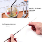 4pcs Reusable Stainless Steel Drinking Straw + Cleaner Brush Set Kit,  215*6mm