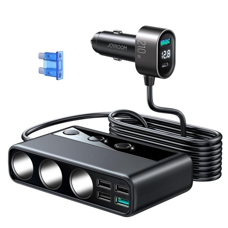 JOYROOM JR-CL06 9 in 1 210W PD USB-C / Type-C + Dual QC3.0 USB + 3 USB + 3 Cigarette Lighter Holes Digital Display Car Charger