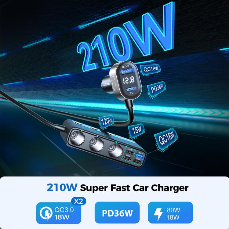 JOYROOM JR-CL06 9 in 1 210W PD USB-C / Type-C + Dual QC3.0 USB + 3 USB + 3 Cigarette Lighter Holes Digital Display Car Charger