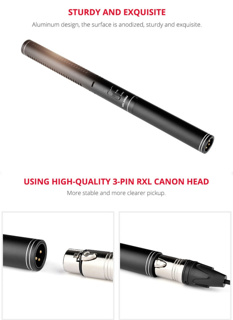 YELANGU YLG9933A MIC07 Professional Interview Condenser Video Shotgun Microphone with 6.5mm Audio Adapter & 3.5mm RXL Audio Cable