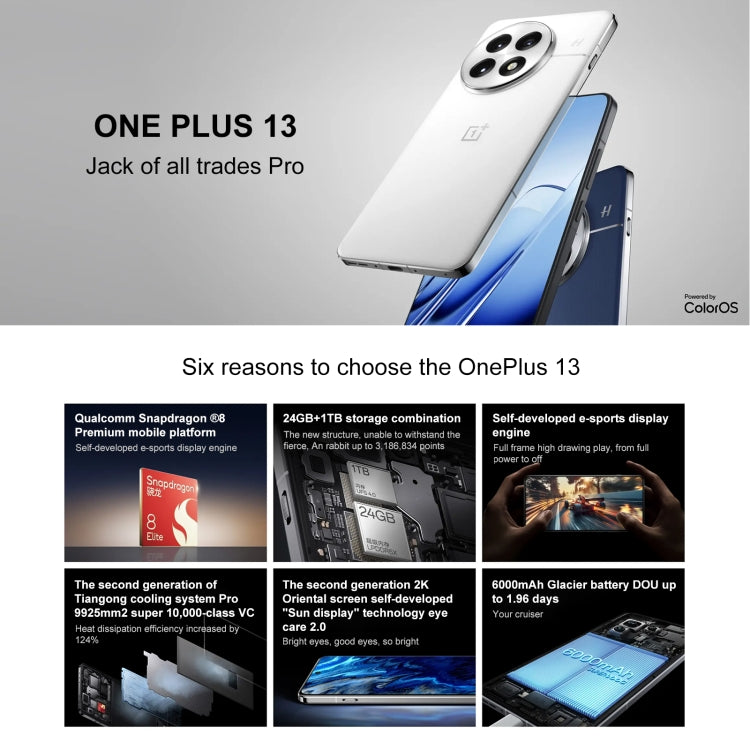 OnePlus 13 PJZ110, 24GB+1TB, Screen Fingerprint Identification, 6.82 inch ColorOS 15.0 / Android 15 Snapdragon 8 Elite 3nm Octa Core, NFC, Network: 5G