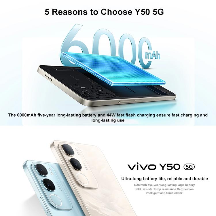 vivo Y50 5G, 8GB+256GB, Face ID / Side Fingerprint, 6.74 inch Android 15 OriginOS 5 Dimensity 6300 Octa Core, OTG, Network: 5G