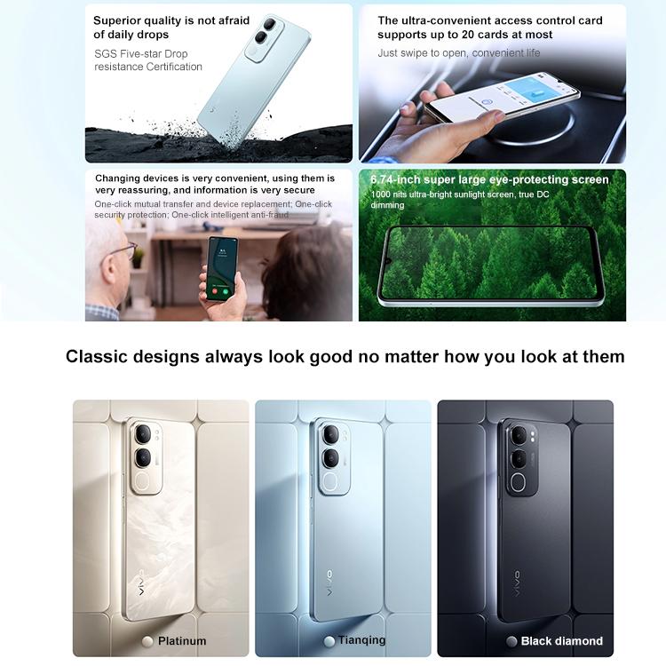 vivo Y50 5G, 8GB+256GB, Face ID / Side Fingerprint, 6.74 inch Android 15 OriginOS 5 Dimensity 6300 Octa Core, OTG, Network: 5G