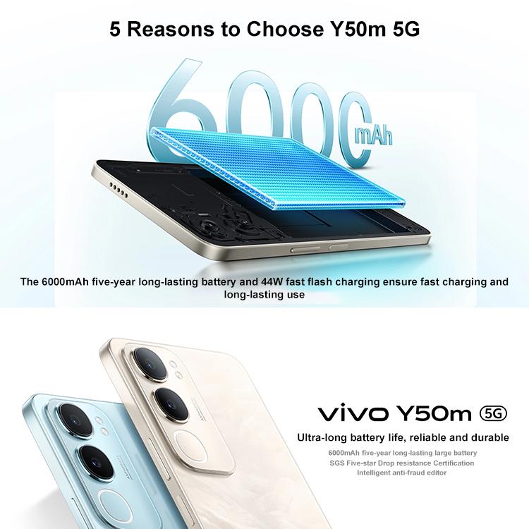 vivo Y50m 5G, 6GB+128GB, Face ID / Side Fingerprint, 6.74 inch Android 15 OriginOS 5 Dimensity 6300 Octa Core, OTG, Network: 5G