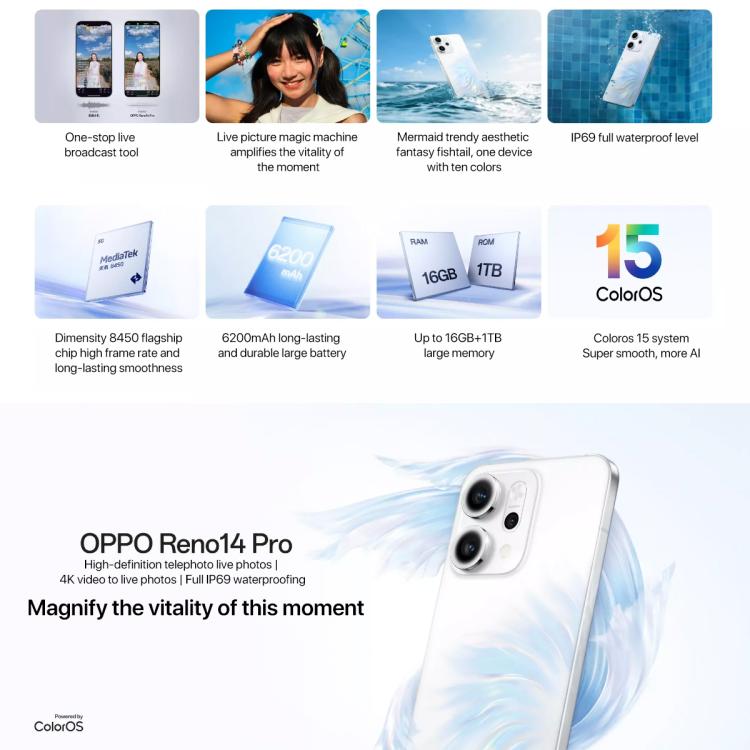 OPPO Reno14 Pro AI Phone, 16GB+512GB, Screen Fingerprint, 6.83 inch ColorOS 15.0 Dimensity 8450 Octa Core, NFC, OTG, Network: 5G