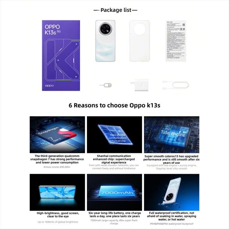 OPPO K13s 5G, 8GB+256GB, Screen Fingerprint, 6.8 inch ColorOS 15.0 Android 15 Snapdragon 7 Gen 3 Octa Core, NFC, Network: 5G