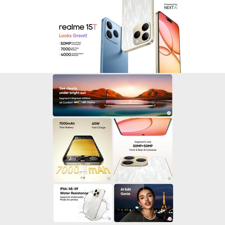 Realme 15T, 12GB+256GB, Screen Fingerprint Identification, 6.57 inch Realme UI 6.0 Android 15 MediaTek Dimensity 6400 Max Octa Core, NFC, Network: 5G