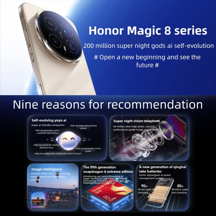 Honor Magic8, 16GB+1TB, Screen Fingerprint, 6.58 inch MagicOS 10.0 / Android 16 Snapdragon 8 Elite Gen 5th Octa Core, Network: 5G, NFC, OTG