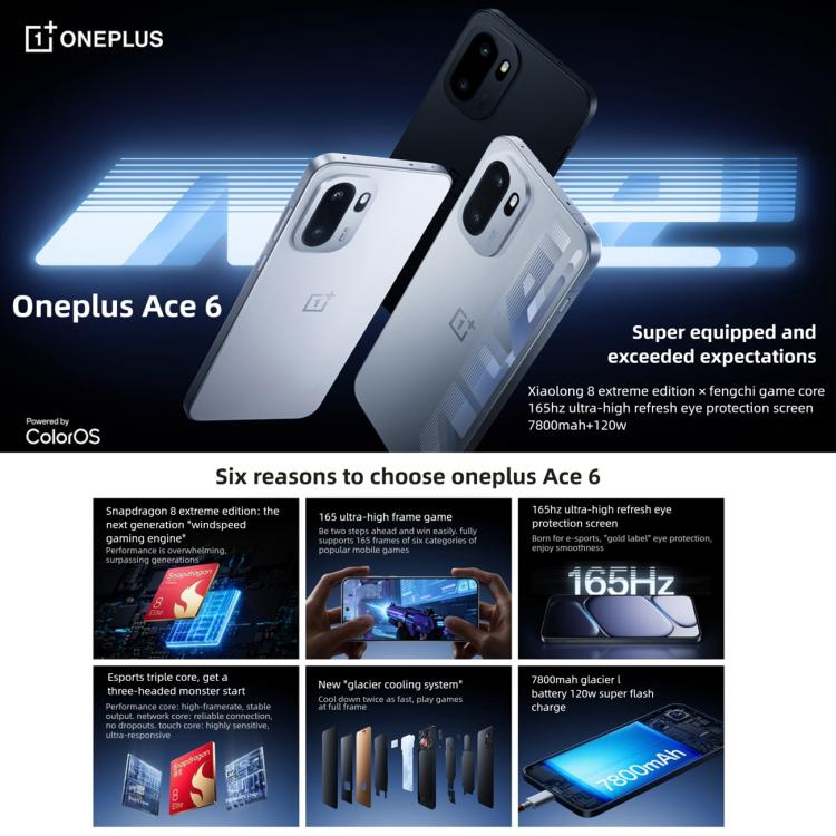OnePlus Ace 6, 12GB+512GB, Screen Fingerprint Identification, 6.83 inch ColorOS 16.0 Snapdragon 8 Elite Octa Core, NFC, Network: 5G