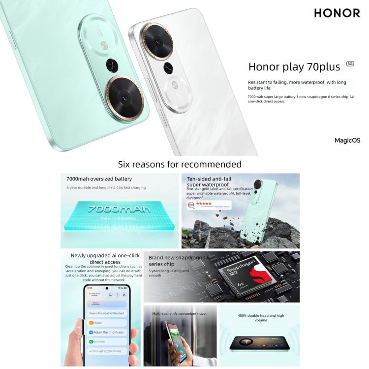 Honor Play 70 Plus, 12GB+512GB, Side Fingerprint, 6.77 inch MagicOS 9.0 Snapdragon 6s Gen 3 Octa Core, Network: 5G, NFC, OTG