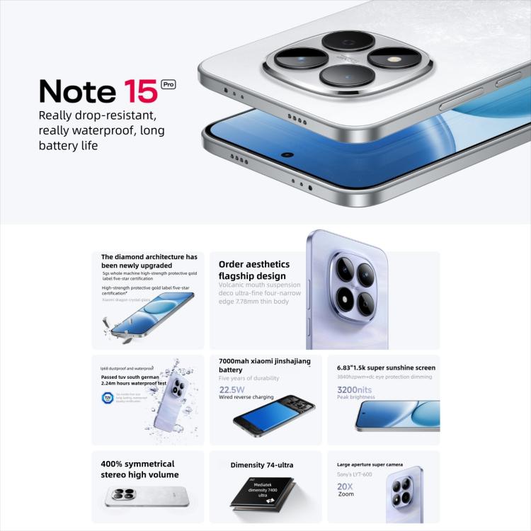 Xiaomi Redmi Note 15 Pro 5G, 12GB+512GB, 6.83 inch Xiaomi HyperOS 2 Dimensity 7400-Ultra Octa Core, Network: 5G, NFC