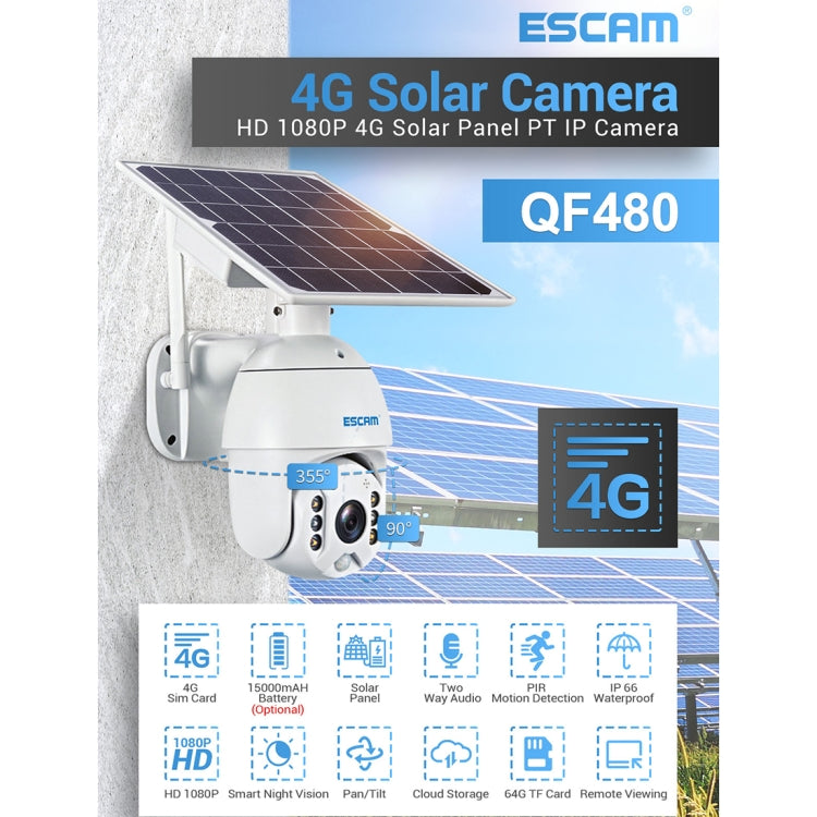 ESCAM QF480 US Version HD 1080P IP66 Waterproof 4G Solar Panel PT IP Camera with Battery, Support Night Vision / Motion Detection / TF Card / Two Way Audio