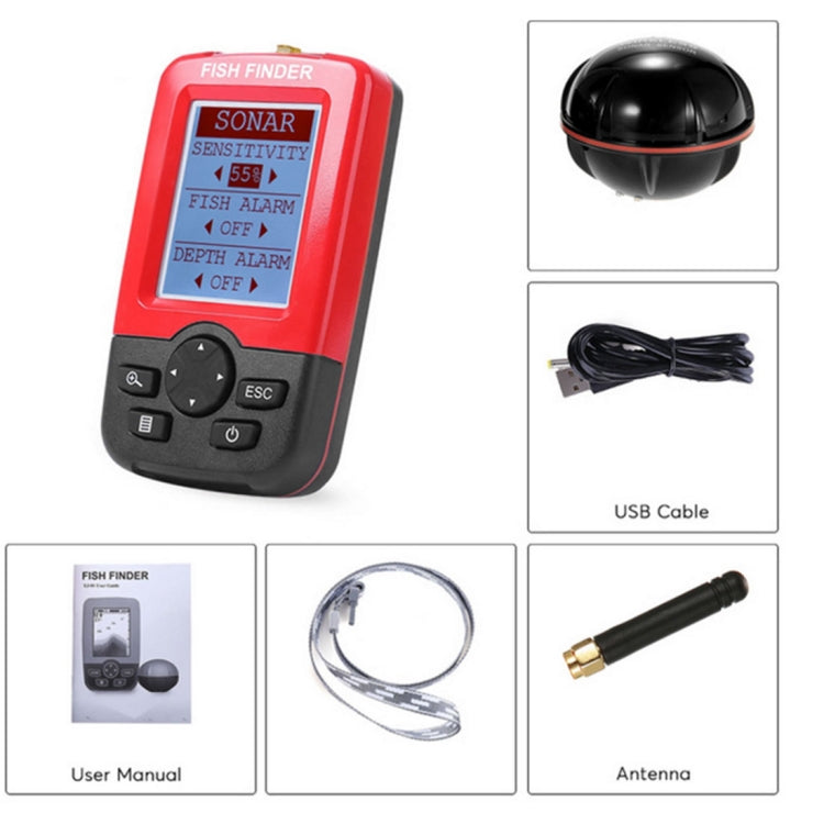 XJ-01 Wireless Fish Detector 125KHz Sonar Sensor 0.6-36m Depth Locator Fishes Finder with 2.4 inch LCD Screen & Antenna, Built-in Water Temperature Sensor