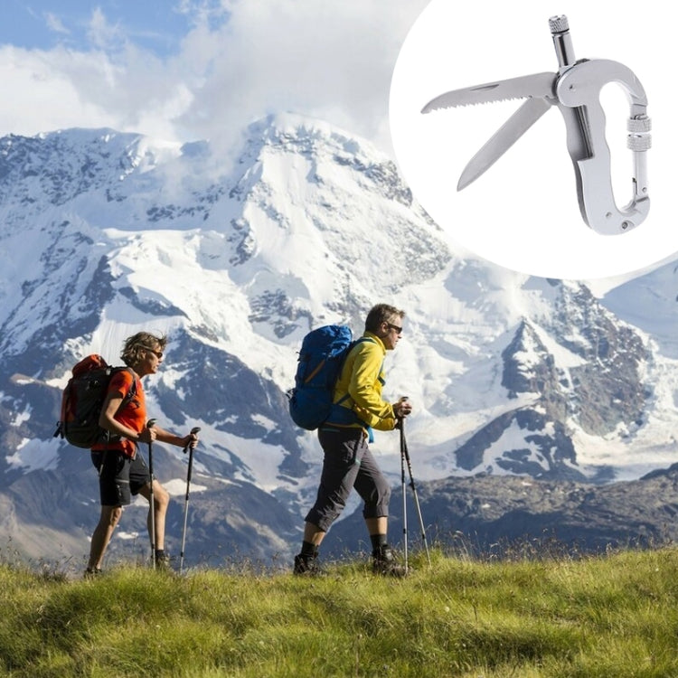 Heavy Duty D Shape Carabiner Clip-On Clamp Key Chain Hook with Dual Knife & LED Torch