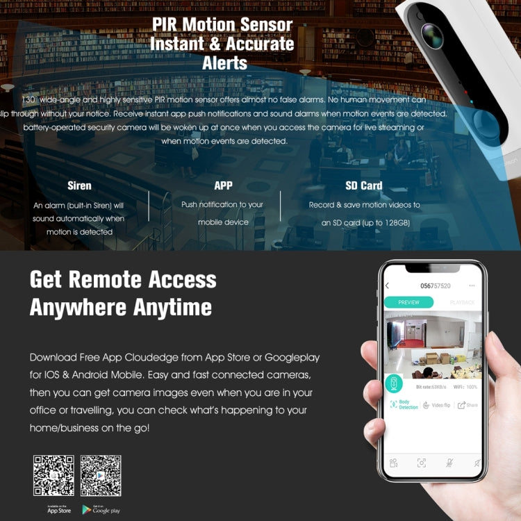 A1 WiFi Wireless 720P IP Camera, Support Night Vision / Motion Detection / PIR Motion Sensor, Two-way Audio, Built-in 3000mAh Rechargeable Battery