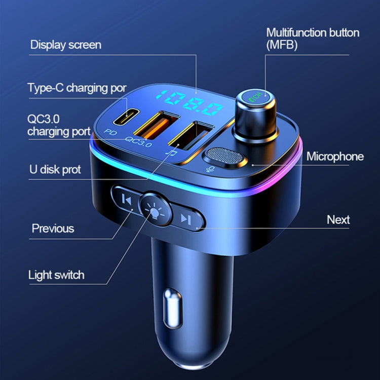 T65 Car Bluetooth FM Transmitter Dual USB Type-C QC3.0 Charger