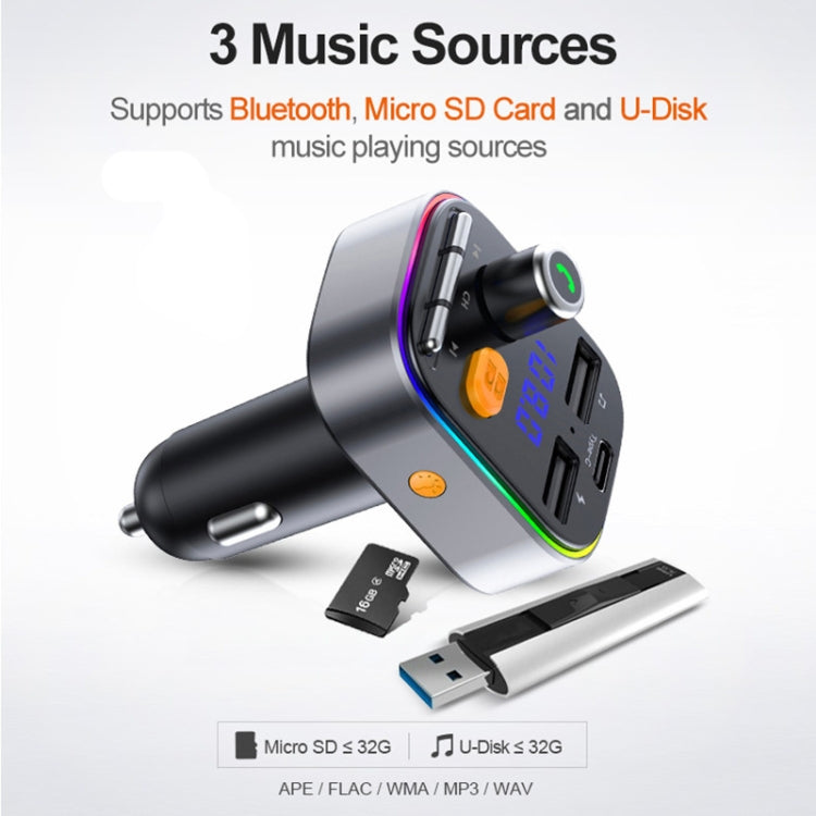 T48C Car Bluetooth 5.0 Fm Transmitter Kit Dual USB with Type-C 5V 2.4A Car Charger