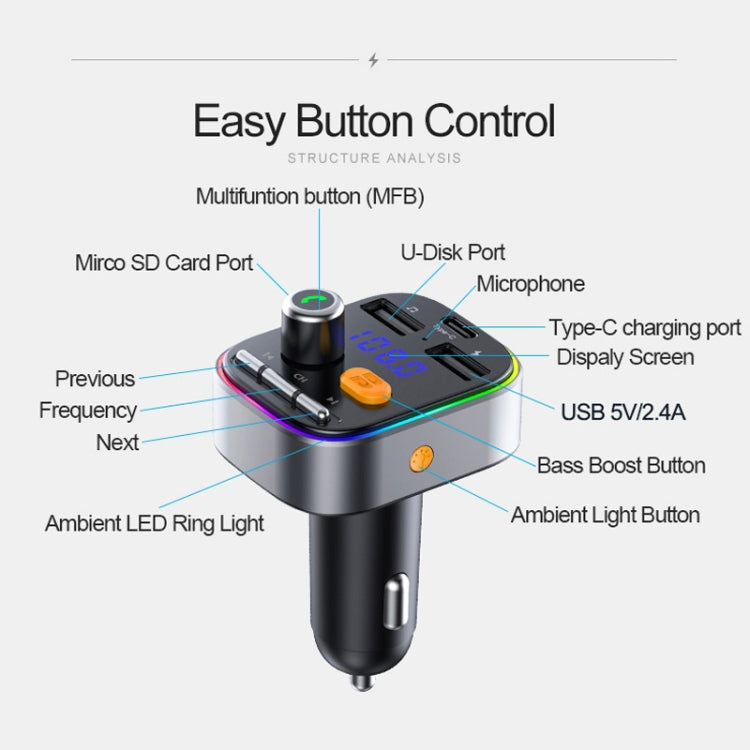 T48C Car Bluetooth 5.0 Fm Transmitter Kit Dual USB with Type-C 5V 2.4A Car Charger