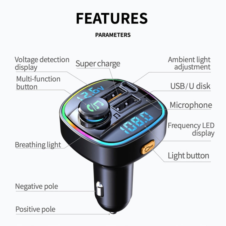 C22 Car Bluetooth 5.0 FM Transmitter LED Light Voltage Display QC 3.0 PD Charger