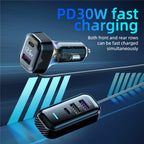 YQ6 PD 30W Fast Charging 2 x Type-C + 3 x USB Car Charger with 1.5m Extension Cable