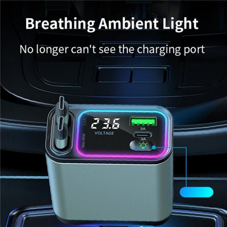 GC08A Dual Type-C Retractable Cables Car Charger Voltage Display Fast Charge Adapter