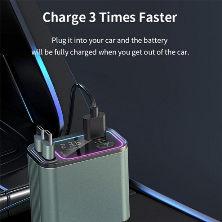 GC08A Dual Type-C Retractable Cables Car Charger Voltage Display Fast Charge Adapter
