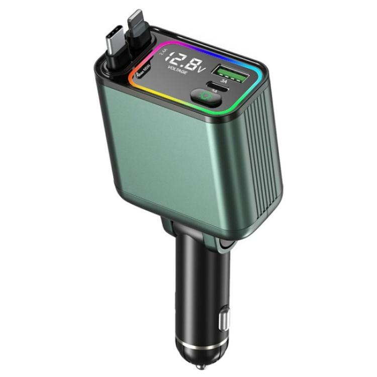 GC08B Type-C + 8 Pin Retractable Cables Car Fast Charger Ambient Light Voltage Display Adapter