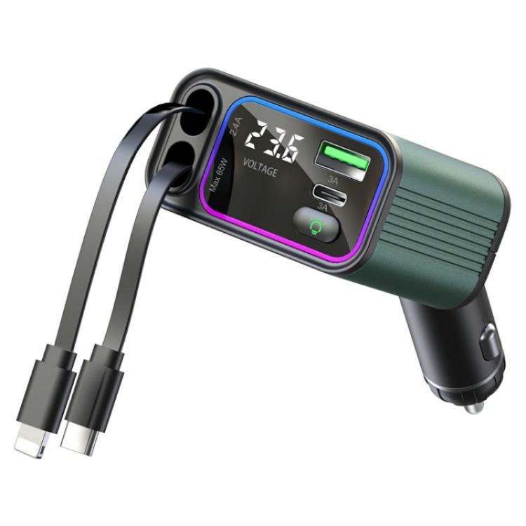 GC08B Type-C + 8 Pin Retractable Cables Car Fast Charger Ambient Light Voltage Display Adapter