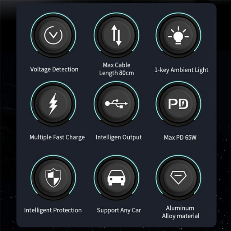 GC08B Type-C + 8 Pin Retractable Cables Car Fast Charger Ambient Light Voltage Display Adapter