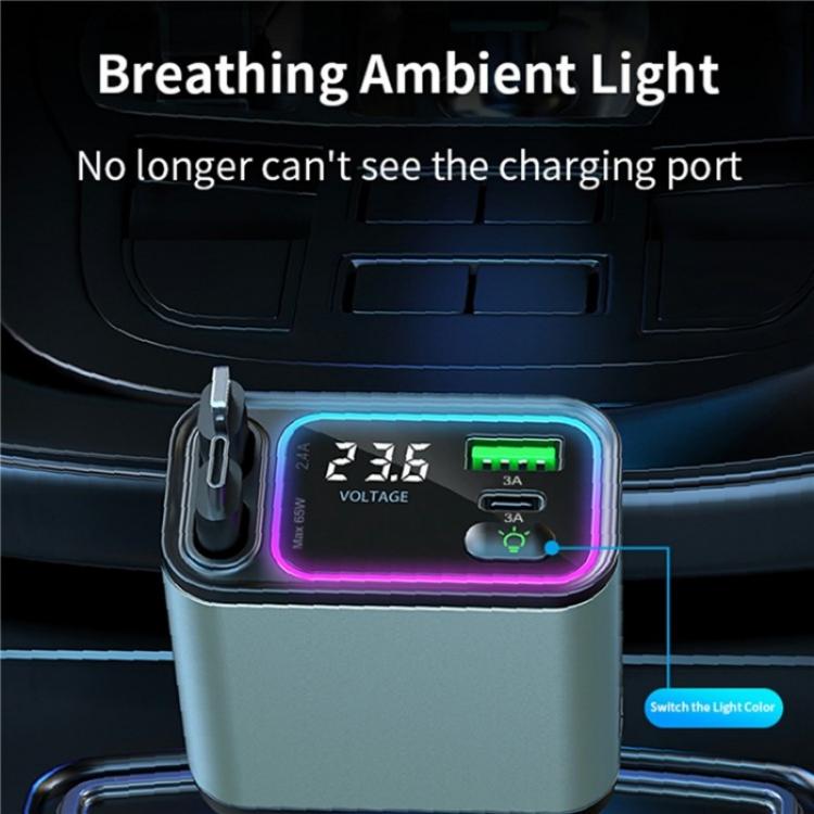 GC08B Type-C + 8 Pin Retractable Cables Car Fast Charger Ambient Light Voltage Display Adapter