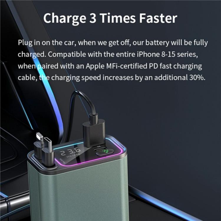 GC08B Type-C + 8 Pin Retractable Cables Car Fast Charger Ambient Light Voltage Display Adapter